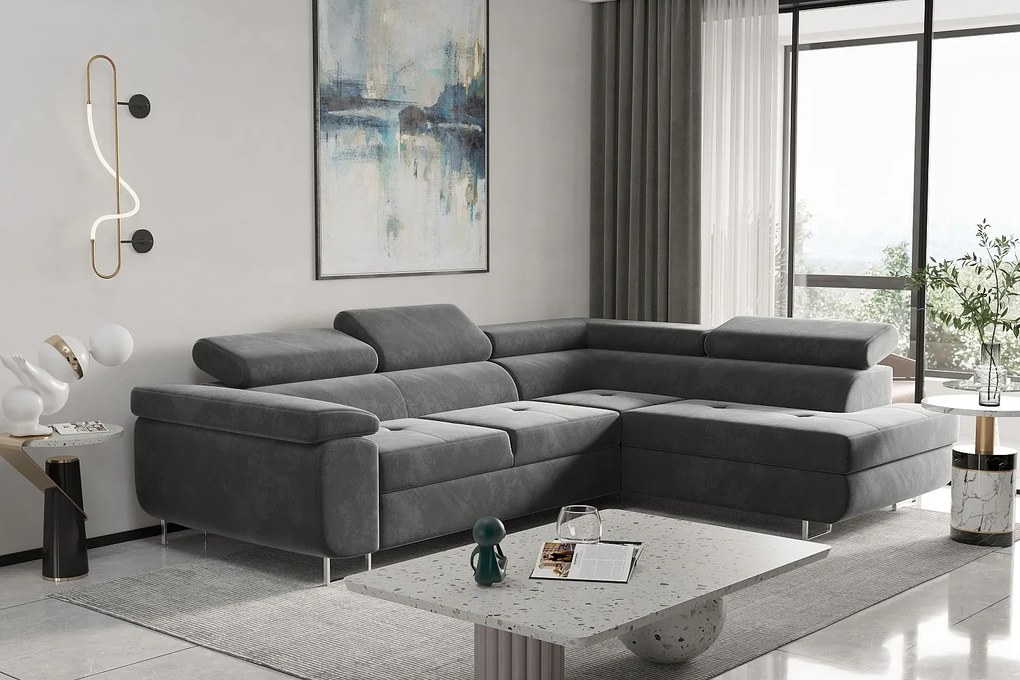 Narożnik z funkcją spania w kształcie L ATOM, tkanina Monolith, Szary, Prawy