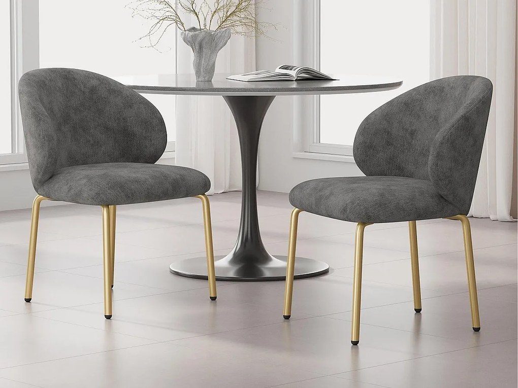 Zestaw 2 Krzeseł z tkaniny chenille - złocone metalowe nogi - krzesło do toaletki - krzesło do jadalni - Szary