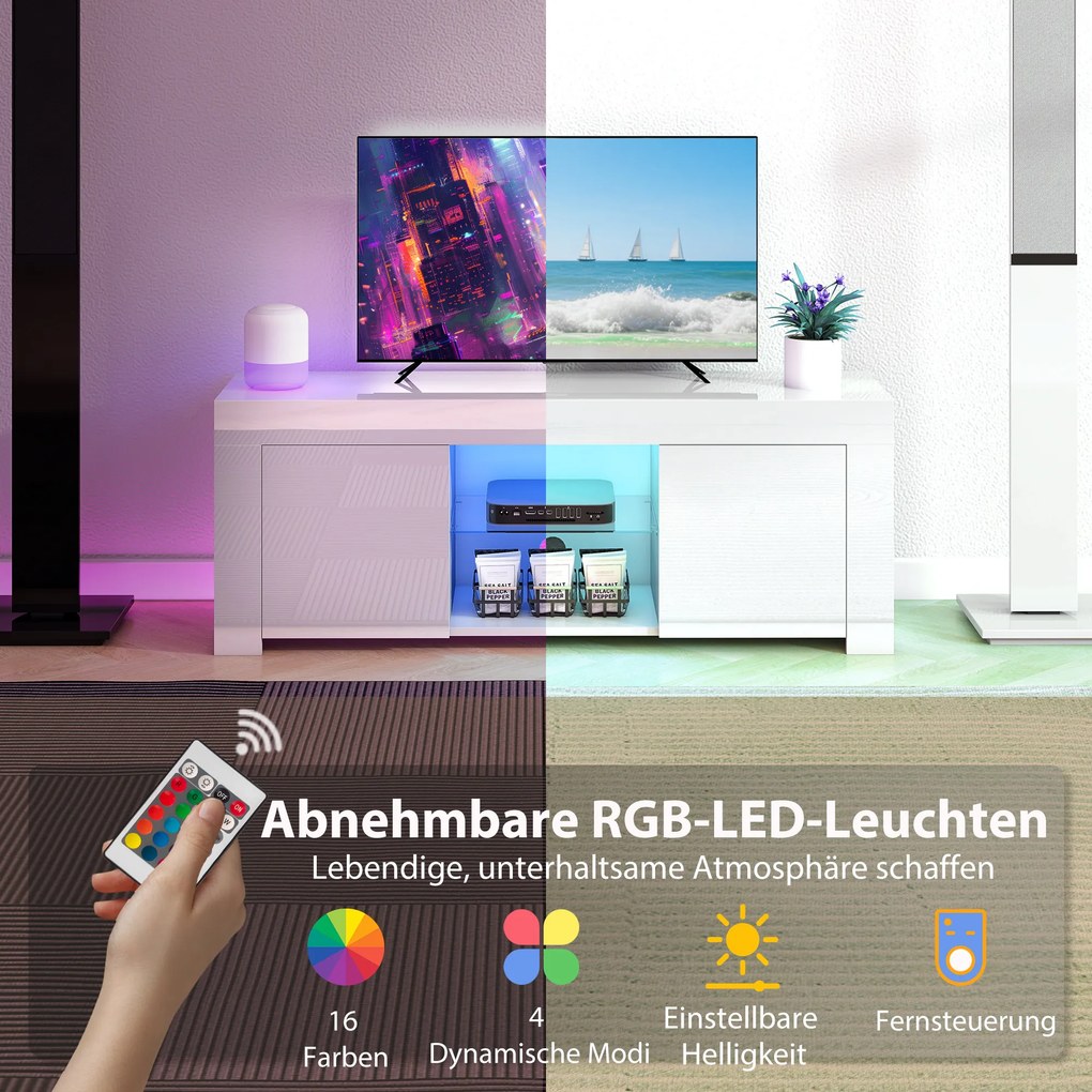 HOMCOM Stolik RTV z LED biała szafka pod telewizor do salonu z półką szklaną i otworami na kable | Aosom PL