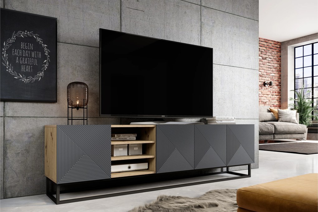 Szafka RTV Asha 200 cm z ryflowanym frontem i stelażem - artisan / rivier stone mat