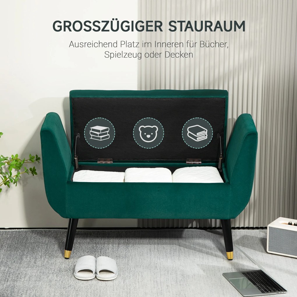 HOMCOM Ławka z Miejscem na Przechowywanie, Podłokietniki, Aksamitny Poliester, Drewno Kauczukowe, 107 x 42 x 65 cm, Zielony