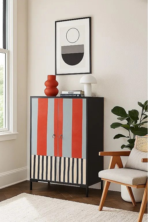 Komoda z MDF z 2 dekoracyjnymi drzwiami z motywem pasów w kolorze terakoty i szarym