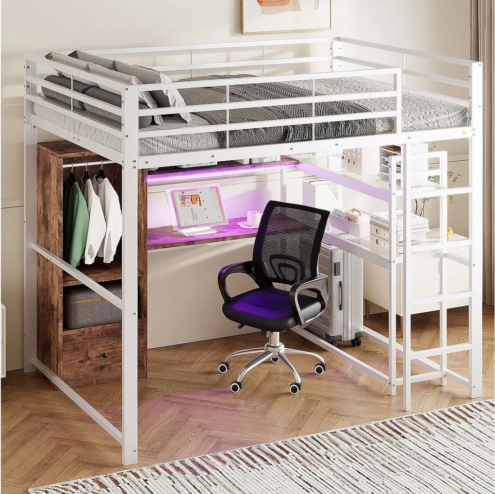 Łóżko piętrowe 140 x 200 cm – z szufladą, półkami i schowkiem – białe – materac nie jest wliczony w cenę