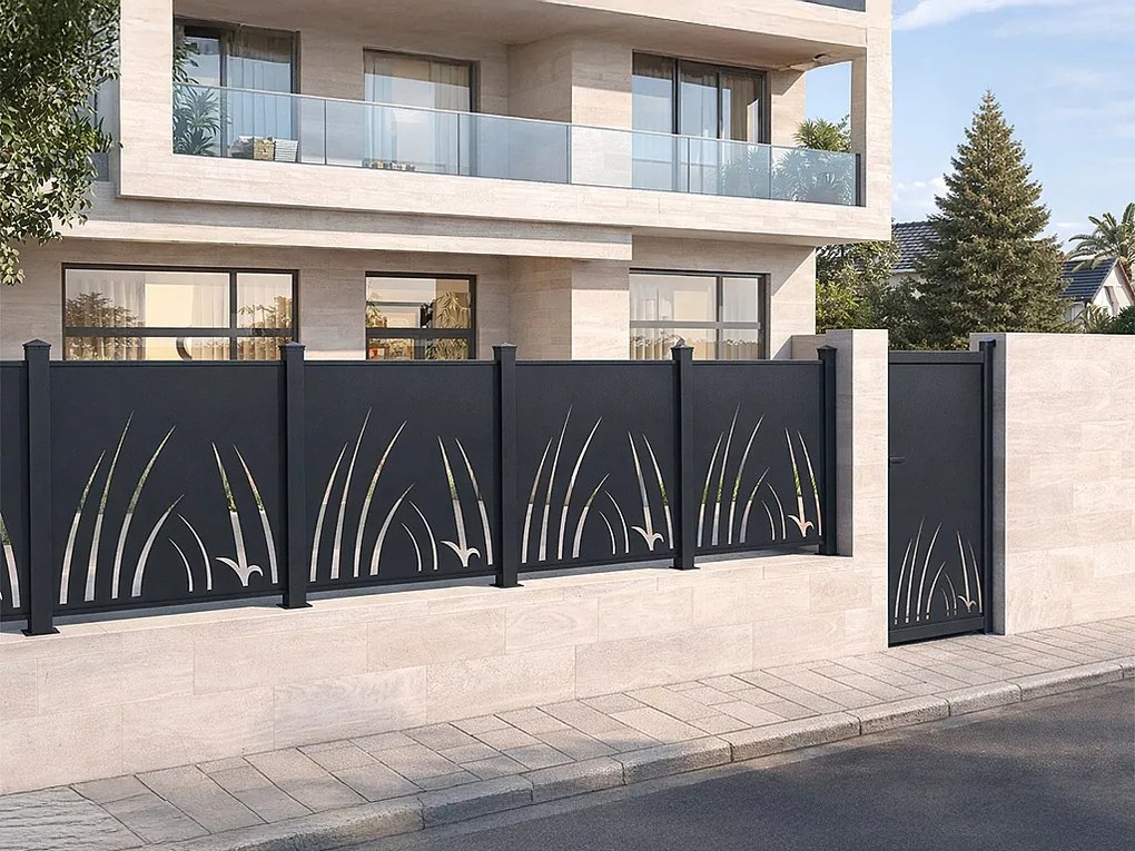 Ogrodzenie aluminiowe  z motywem roślinnym  wycinanym laserowo – zestaw rozszerzający – wys. 114 x szer. 110 cm – antracyt – BRAMENO