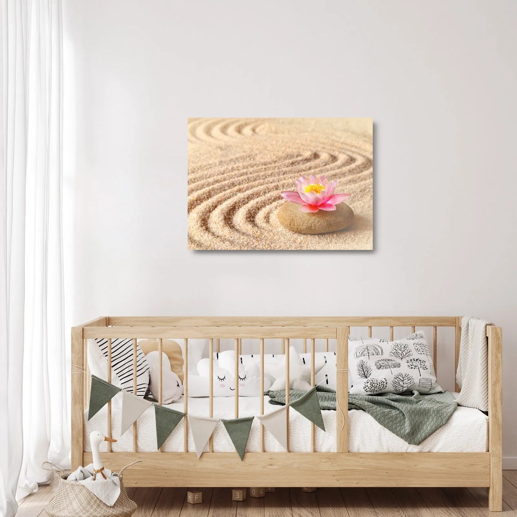 Obraz na szkle - kamień z kwiatem na piasku (70x50 cm)