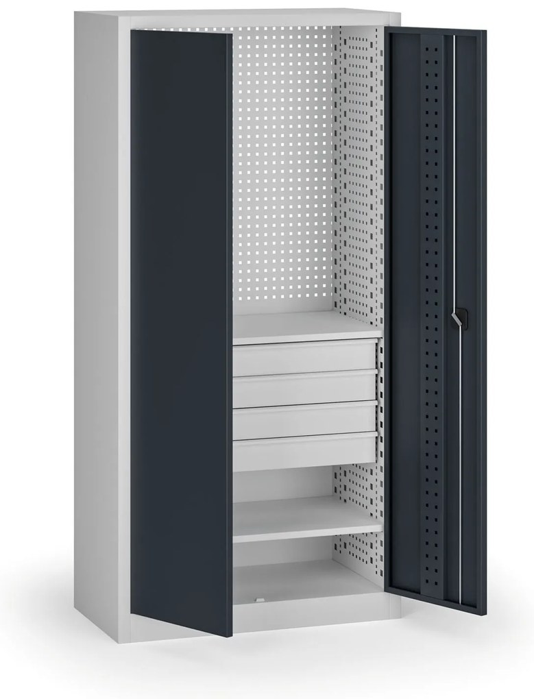 Szafa warsztatowa, 2 półki + 4 szuflady, 1950 × 950 × 500 mm, grafitowe drzwi