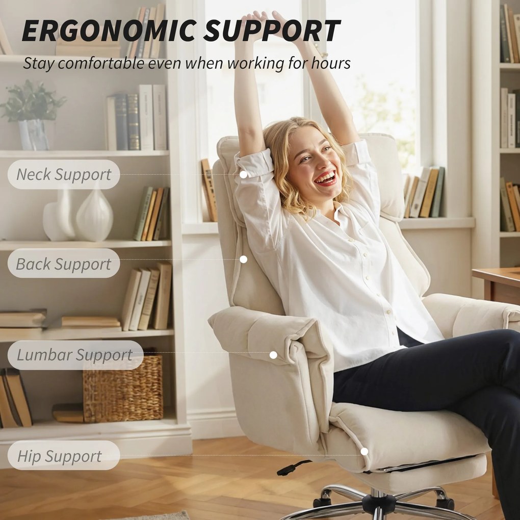 HOMCOM Fotel biurowy regulowany obrotowy z podparciem lędźwiowym, podnóżkiem, śnieżnym flanellem, 80 x 80 x 106-114 cm Cremeweiß | Aosom PL