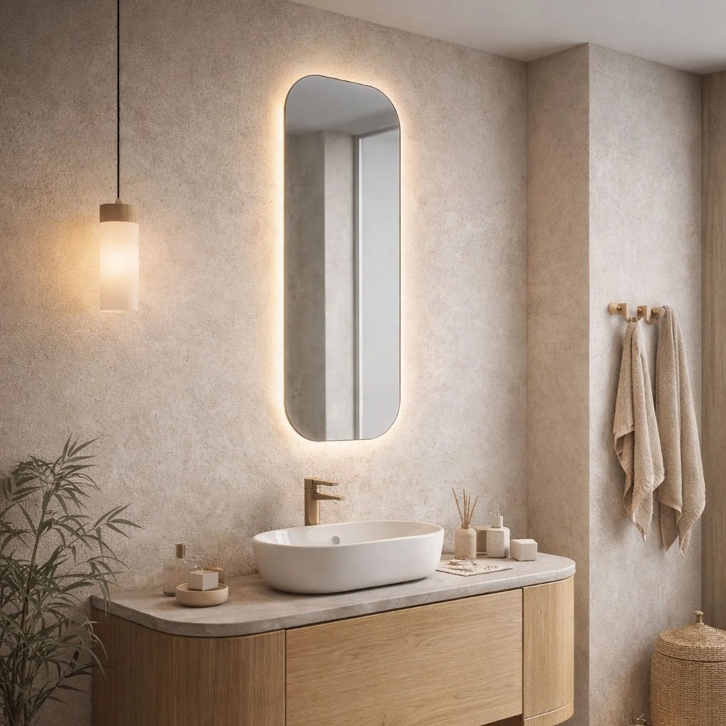 Lustro prostokątne bez ramy oszlifowane obracalne z podświetleniem ROUND Slim LED | Różne rozmiary | Różne kolory : Kolor tafli szkła - Srebrny, Rozmiar - 35 x 150 cm