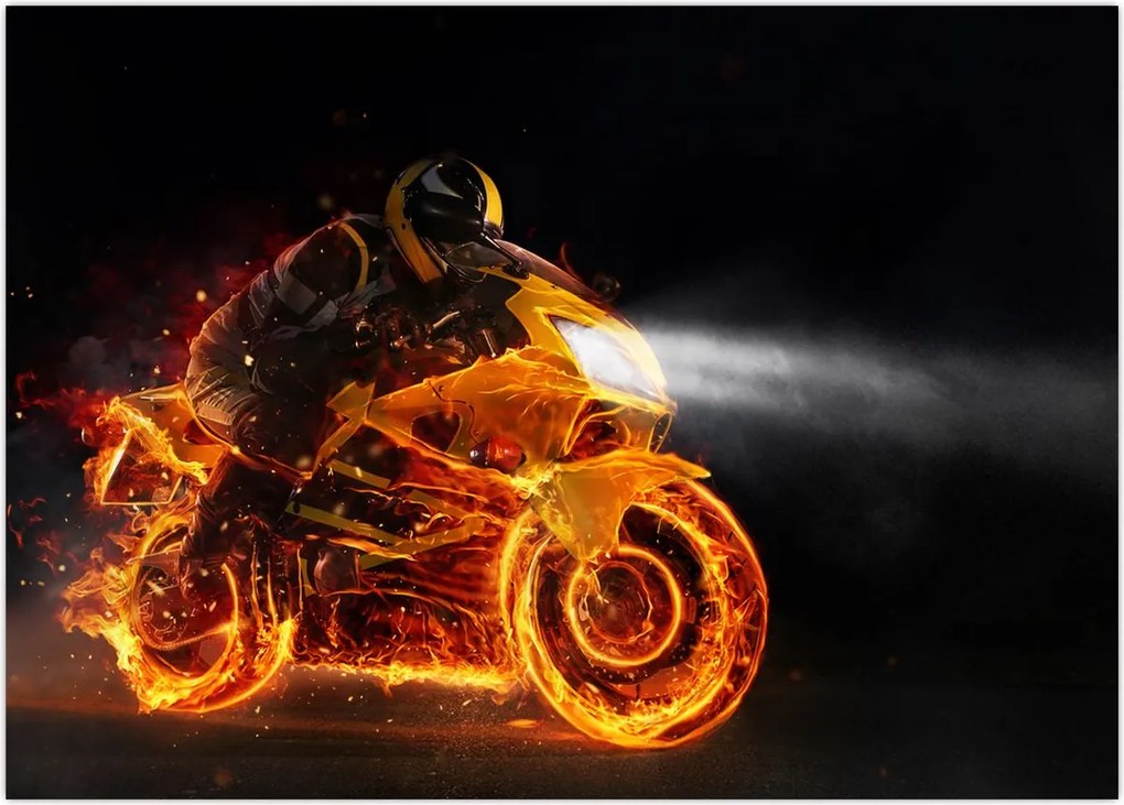 Obraz - Motocyklista z płomieniami (70x50 cm)