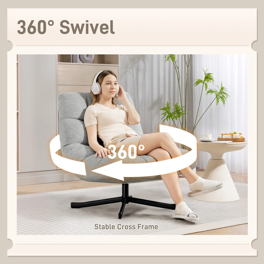 HOMCOM Fotel obrotowy lounge z szerokim siedziskiem, wodoodporna tapicerka chenille, skrzyżowane stalowe nogi, jasnoszary