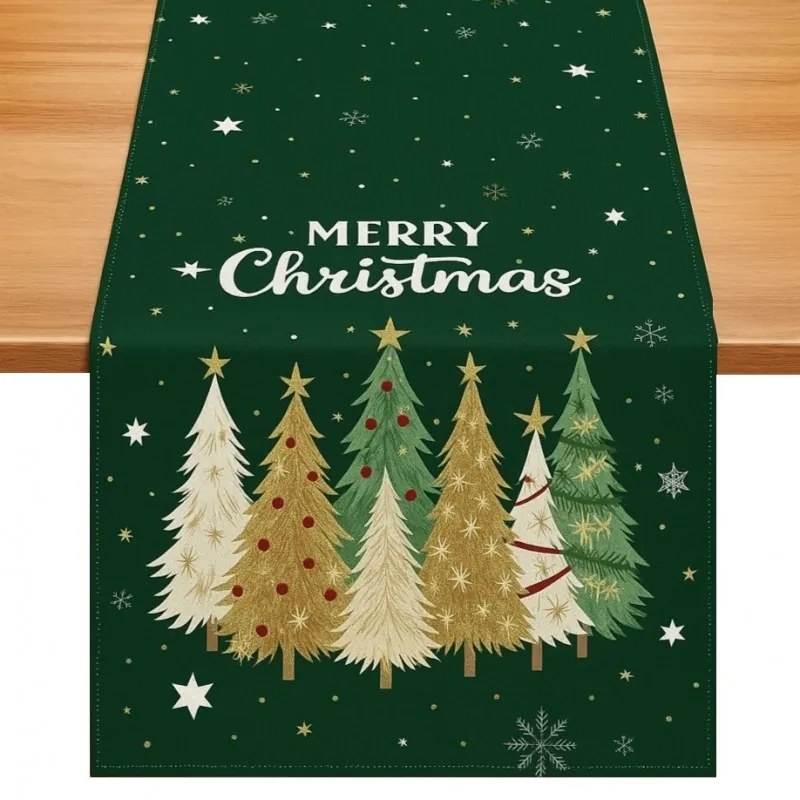 Lniany świąteczny bieżnik STARLIT TREES 33x180 cm, zielony