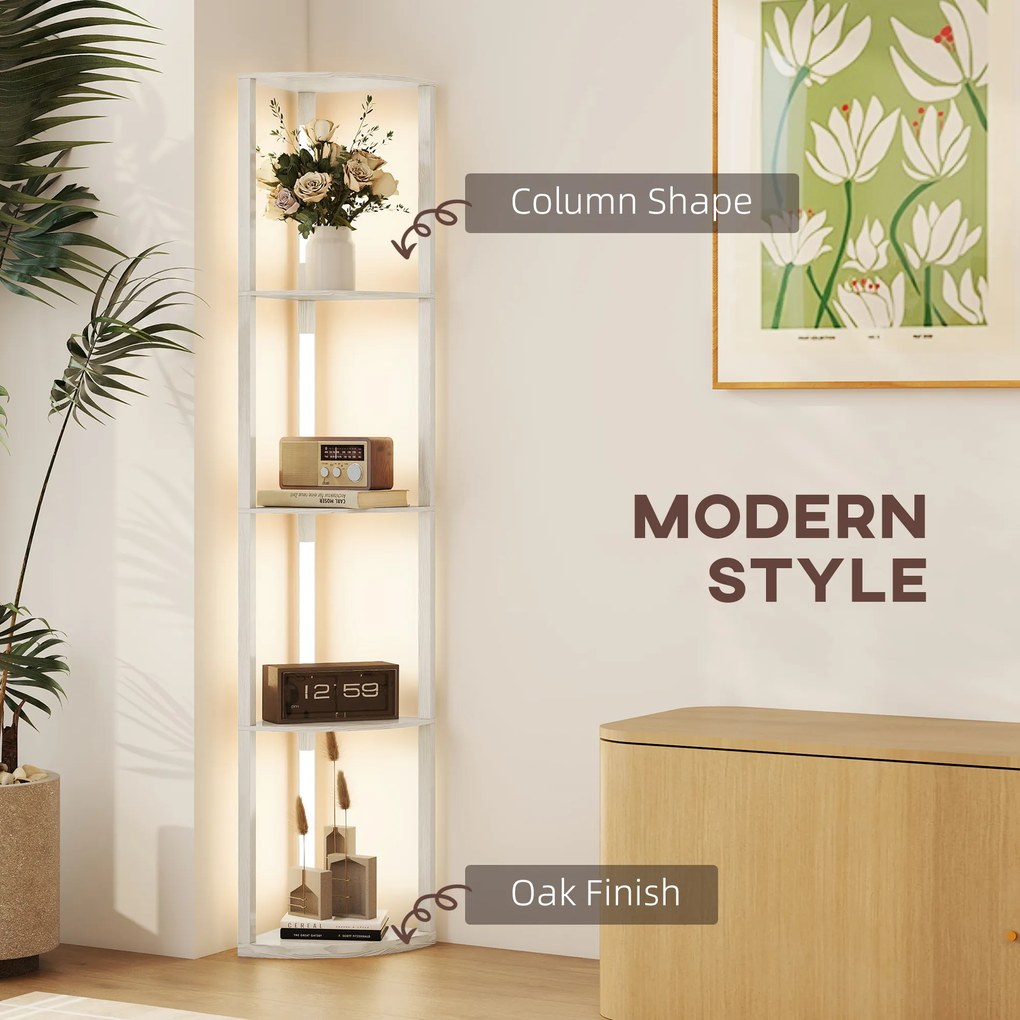 HOMCOM Lampa stojąca LED, regał narożny, ściemnialna, 4 półki, ciepłe światło, 41x30x164 cm, dąb
