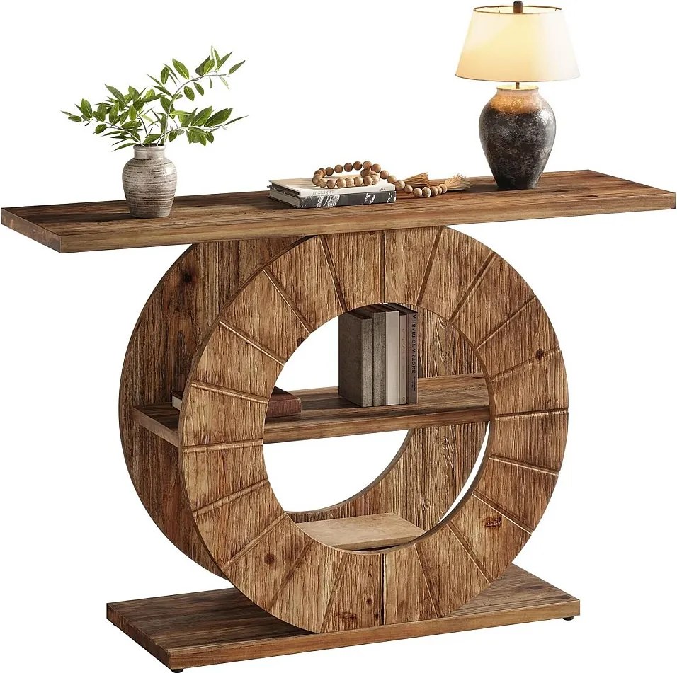 Konsola z litego drewna z miejscem do przechowywania, 3-poziomowymi półkami i rzeźbioną okrągłą podstawą