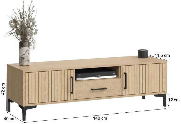 Ryflowana nowoczesna szafka pod TV dąb sławonia + lamele - Erlos 5X