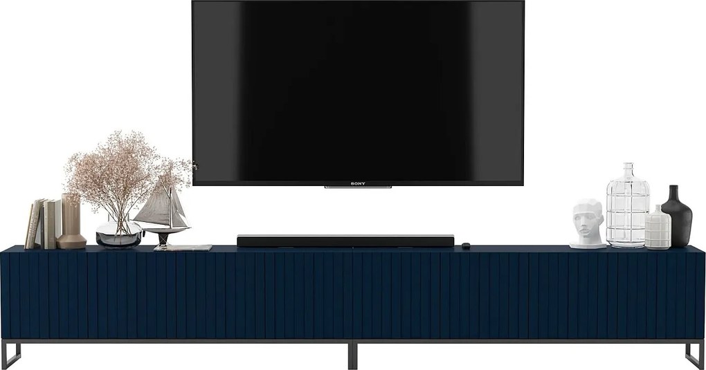 Szafka RTV z 8 drzwiczkami - Korpus granatowy mat, ryflowane fronty granatowy mat - 300 cm, Czarna metalowa rama