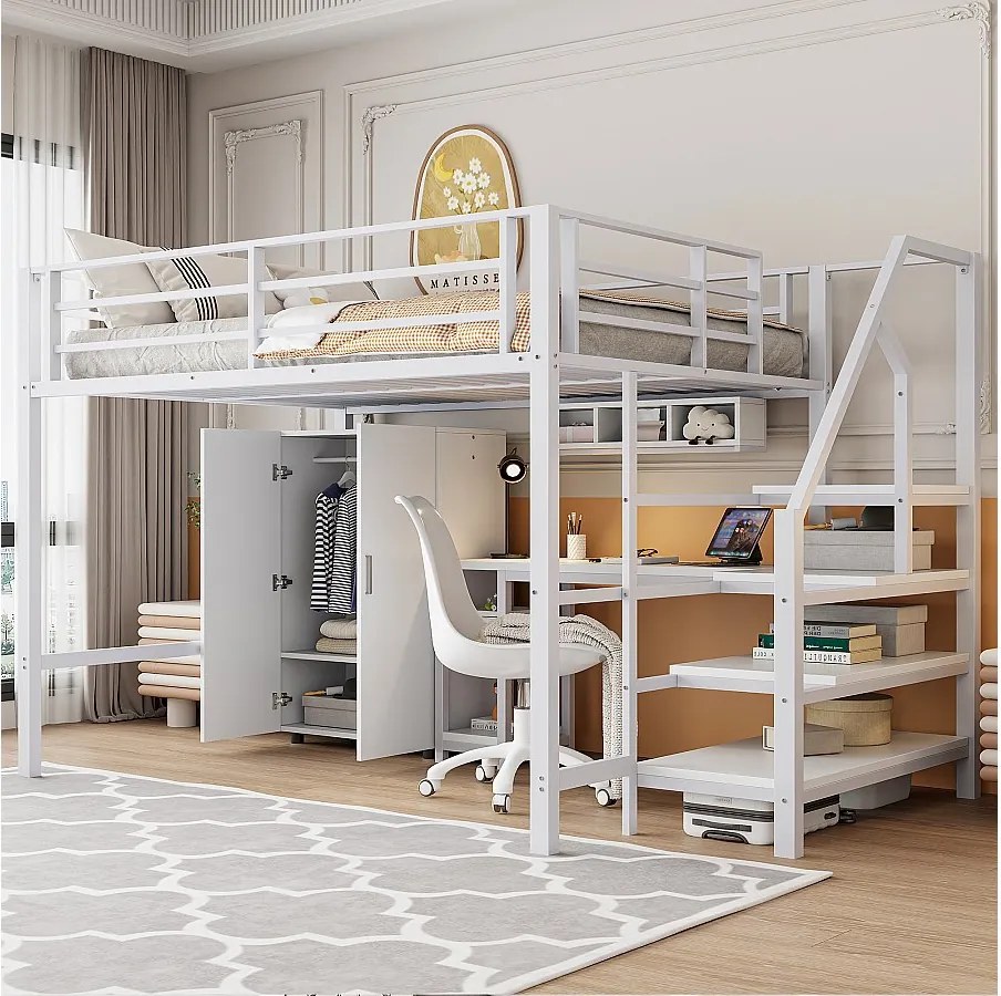 Łóżko piętrowe 140 x 200 cm z biurkiem, szafą i półkami - Metal + MDF - Białe (bez materaca)