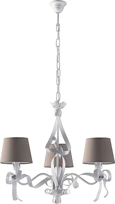 Lucy – biały lakierowany żyrandol z żelaza, dekor shabby chic, klosze PVC w kolorze gołębioszarym Ø16 cm, elegancki styl, 3 światła