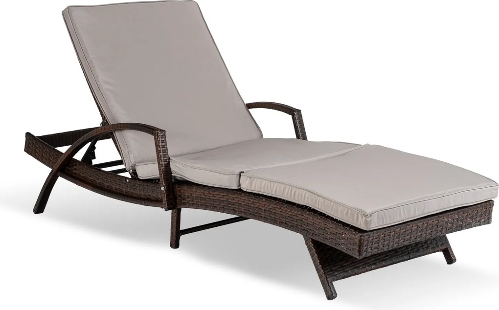 Leżanka ogrodowa z regulowanym oparciem Vibe, brązowy technorattan, szara poduszka