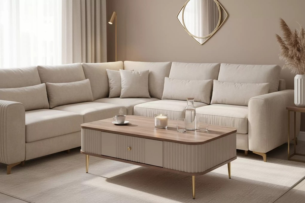 Stolik kawowy z szufladą Vesper 103x60 cm - kaszmir / orzech / złote nogi