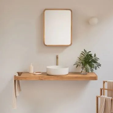 Zestaw Mebli Łazienkowych 130x45 Cm Wiszący Z Drewna Tekowego Neill Drewno Tekowe & Okrągły Ceramiczny Biały Ø40 Cm Lenka & Złoty Szczotkowany ↑30 Cm