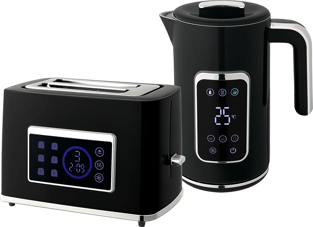 HOMCOM Zestaw czajnik i toster z ekranem dotykowym LED, 1,7 l, 2 szczeliny, różne tryby i funkcje, Czarny