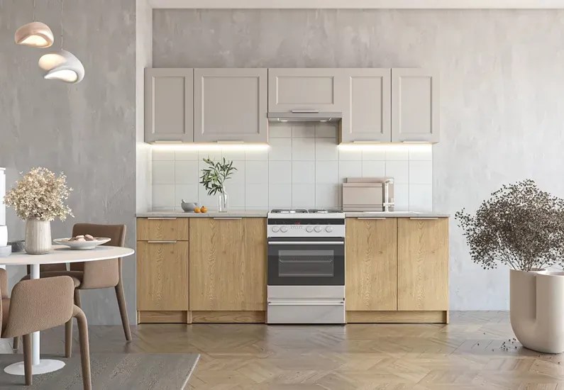 Nowoczesne meble kuchenne 240 cm dąb cremona + kaszmir  P7-E79