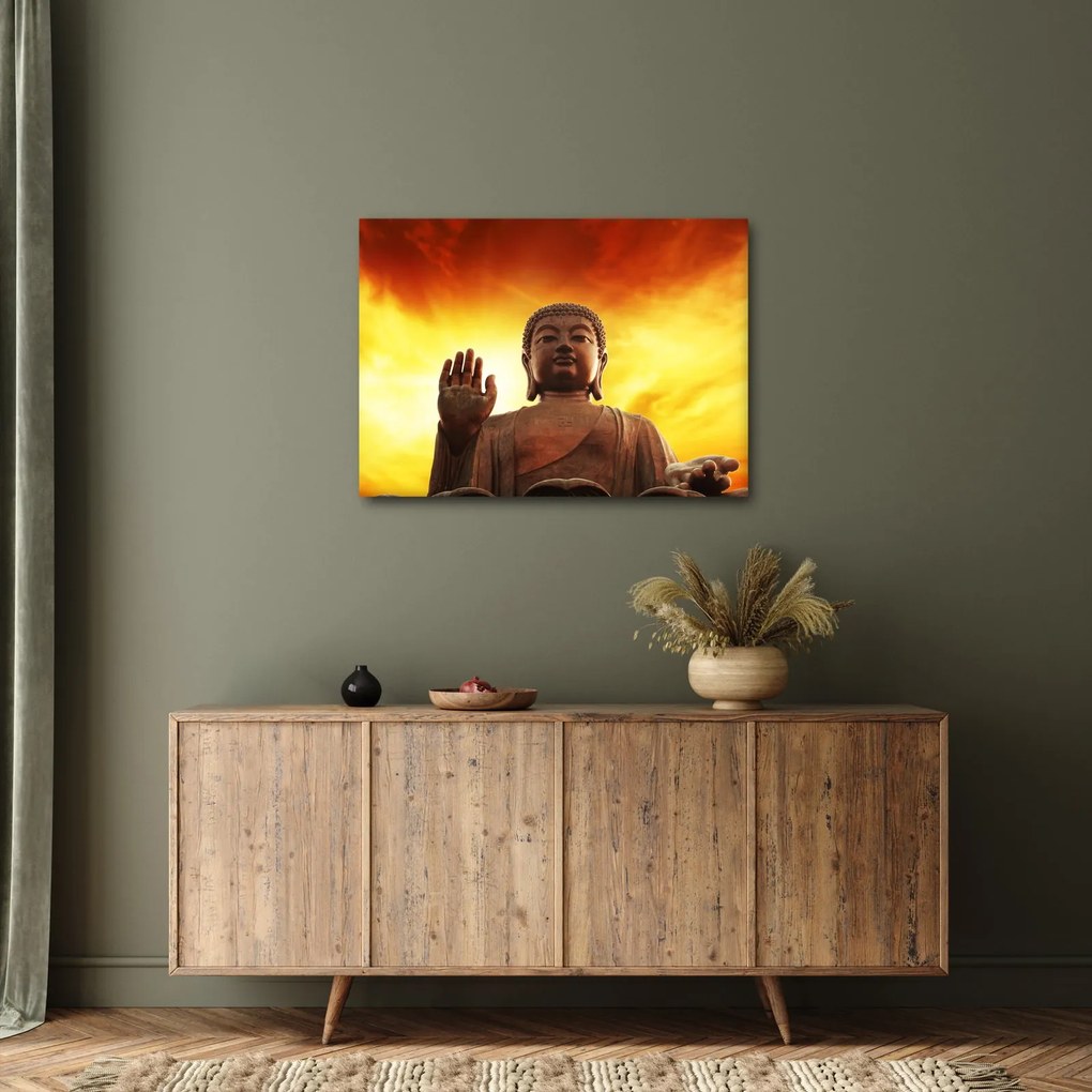 Obraz - Budda z czerwonym i żółtym tłem (70x50 cm)