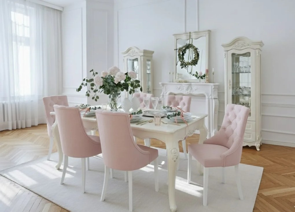 Lewostronna szklana witryna do salonu Gloria ecru, w stylu francuskim. Ozdobne fronty, szuflady, szklane półki. Meble La Perle.