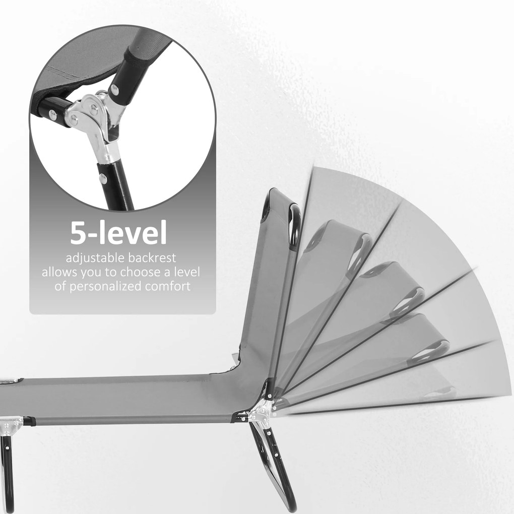 Outsunny Leżanka Plażowa Szara Metalowa 5-stopniowa Regulacja Oparcia Szybkoschnąca 188x56x28cm | Aosom PL
