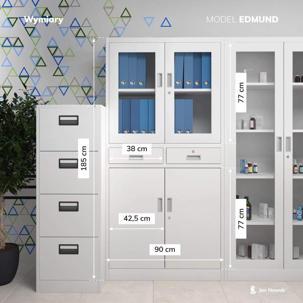 Biurowa przeszklona szafa metalowa na akta z szufladami EDMUND, 900 x 1850 x 400 mm, szara