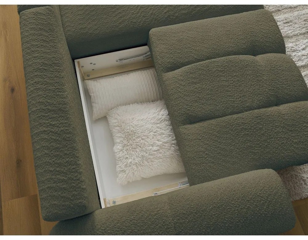 Rozkładany/ze schowkiem narożnik z materiału bouclé (prawostronny/z szezlongiem) w kolorze khaki Roxelane – Bobochic Paris