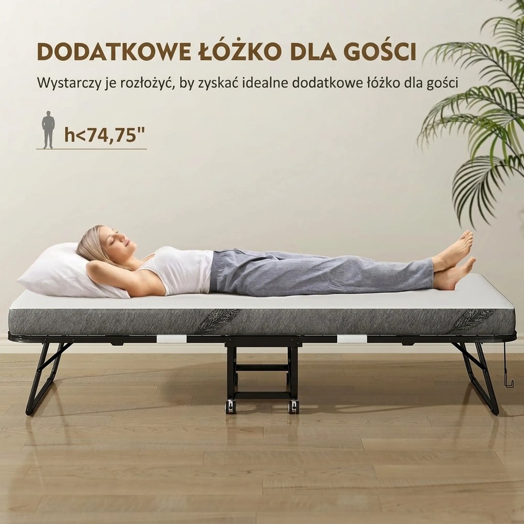 HOMCOM Łóżko gościnne, łóżko rozkładane, łóżko podróżne z kółkami, mata, stal, Biały+Czarny