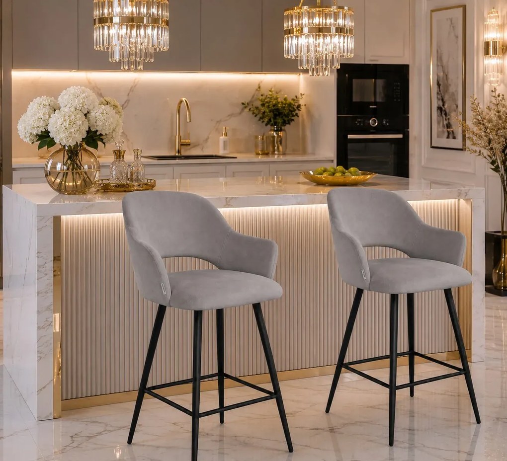 Hoker Milano krzesło barowe tkanina Welur podstawa metalowa elegancki klimat wnętrza : Kolor nogi - Czarna stożek, Kolor tkaniny - VELVET - MG17, Typ siedziska - Siedzisko obrotowe 360°