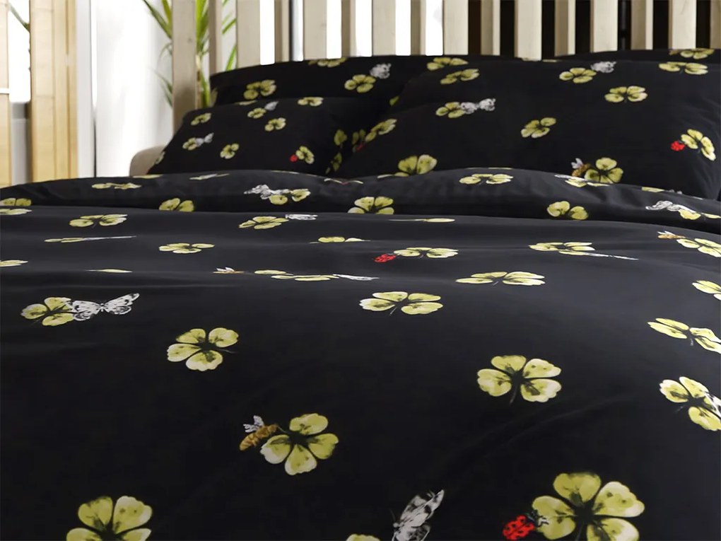 PrzytulneMieszkanie.pl PrzytulneMieszkanie.pl Pościel z mikrofibry FOUR LEAF CLOVER czarne Rozmiar pościeli: 2 szt 70 x 90 cm | 200 x 220 cm