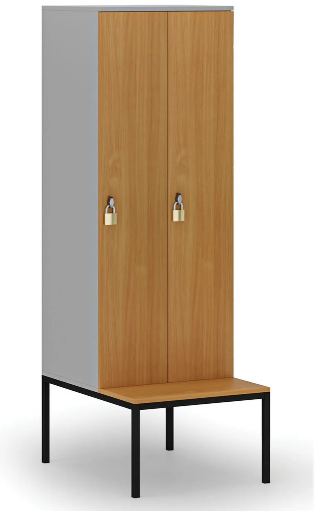 Drewniana szafa ubraniowa S4 z ławką, 2-drzwiowa, 1871 x 600 x 500/800 mm, demontaż, zamek obrotowy, szary/buk