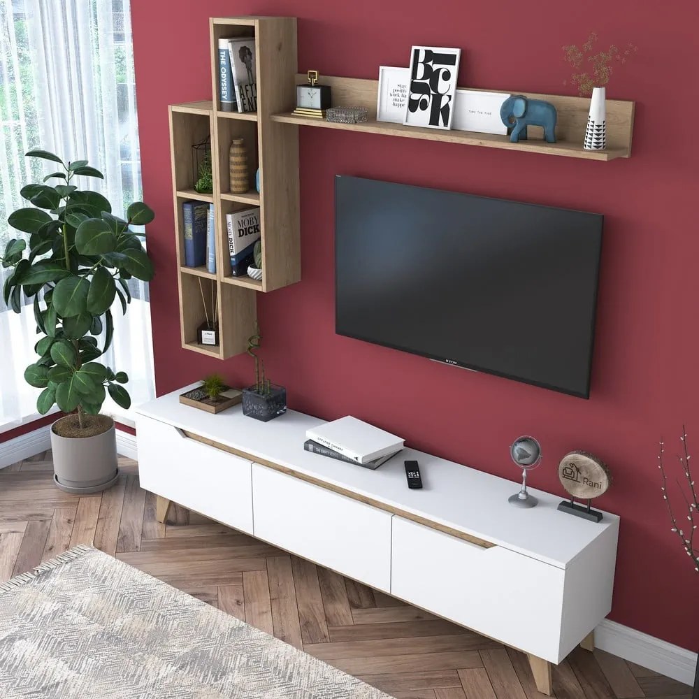 Biały zestaw pod TV w dekorze orzecha 180x49 cm Linh – Kalune Design