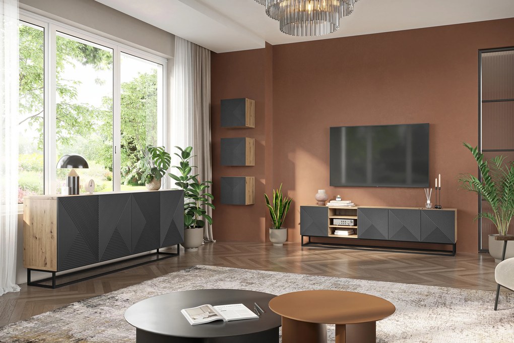Szafka RTV Asha 200 cm z ryflowanym frontem, wnękami i metalowym stelażem - artisan / rivier stone mat