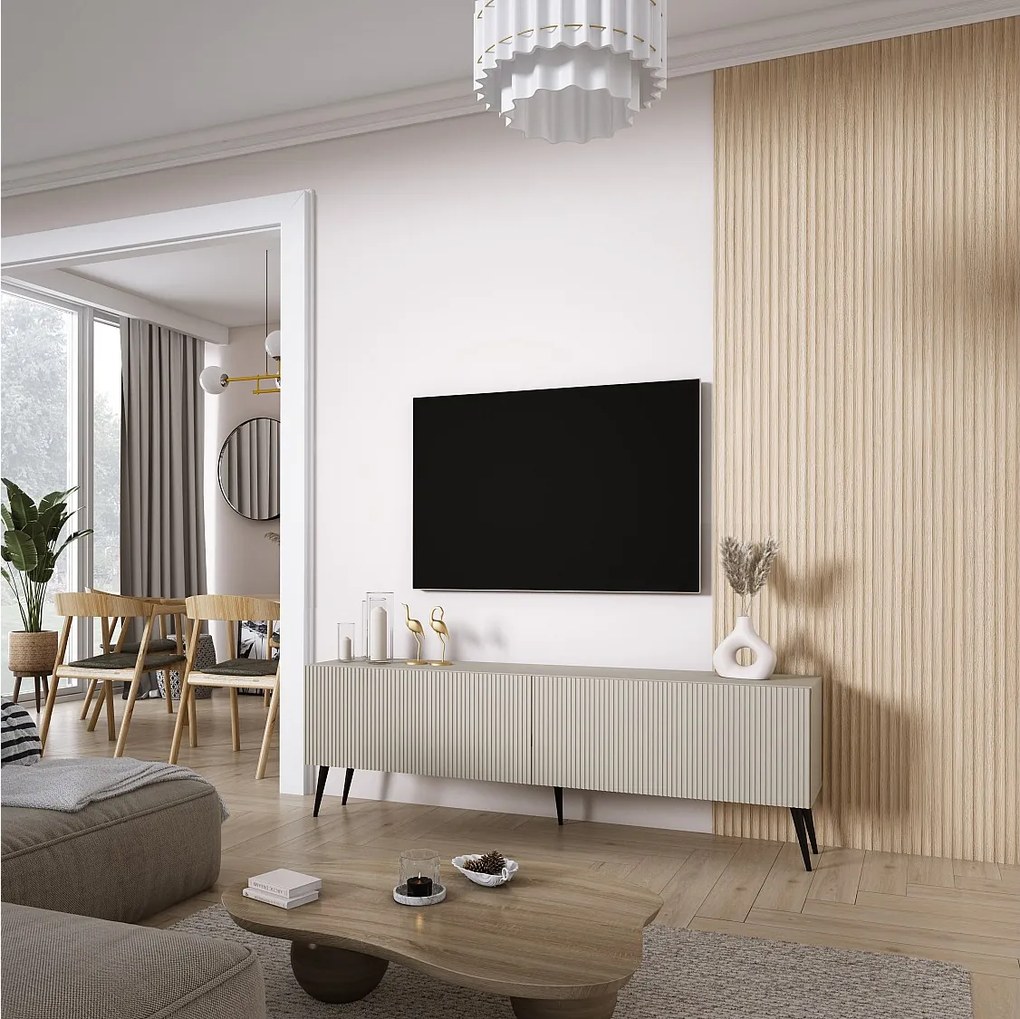 Szafka pod telewizor 170, fronty ryflowane, Kaszmir, nóżki pochyłe czarne, 170 × 32 × 52 cm