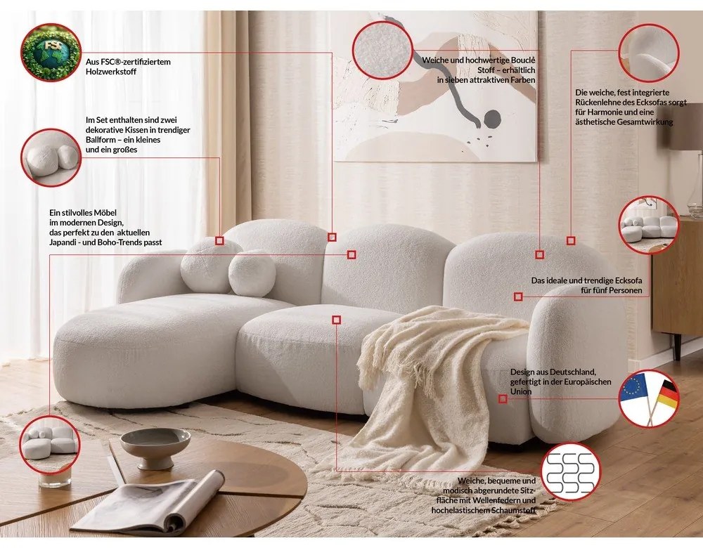 Kremowy narożnik z materiału bouclé (lewostronny/z szezlongiem) Orbit – Ropez