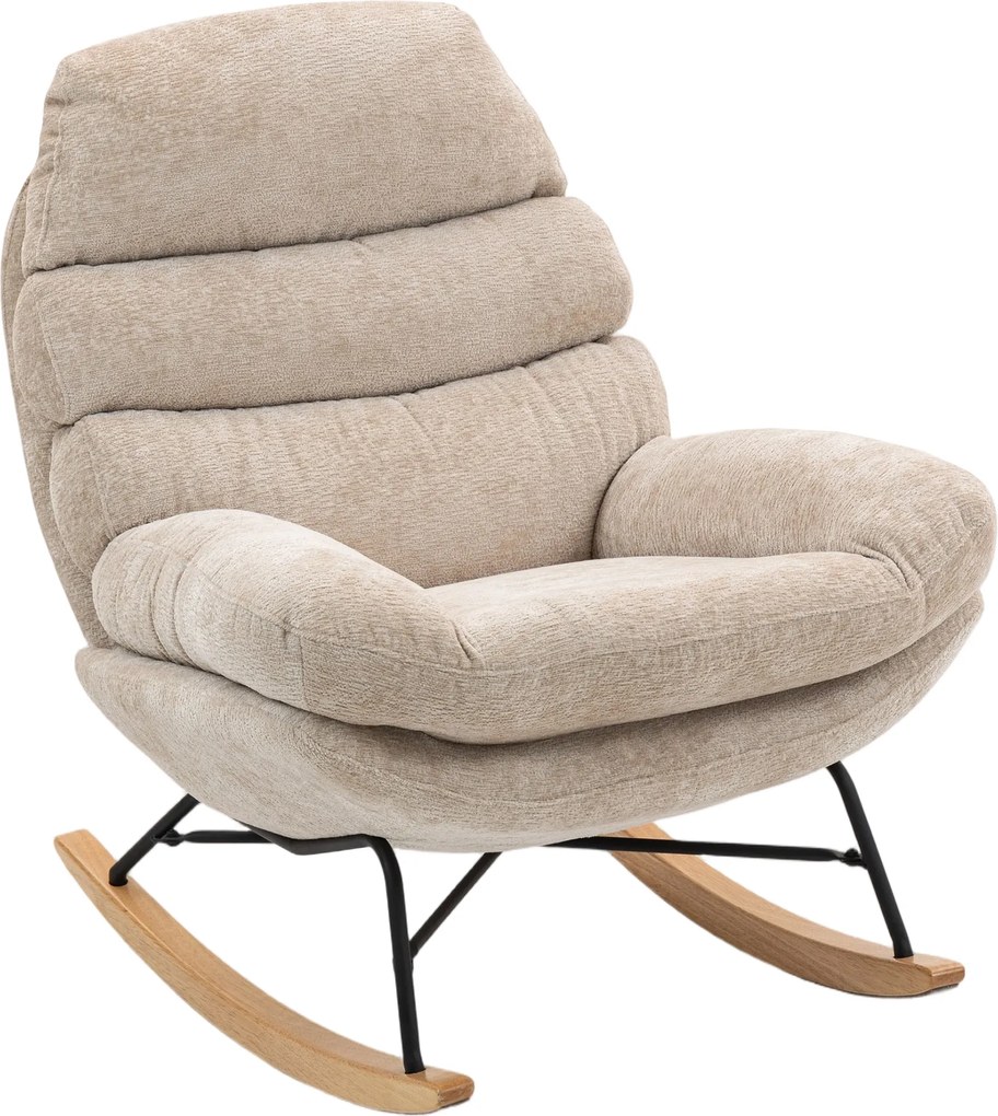 HOMCOM Tapicerowany fotel bujany z nogami stalowymi i drewnianymi płozami, kremowy