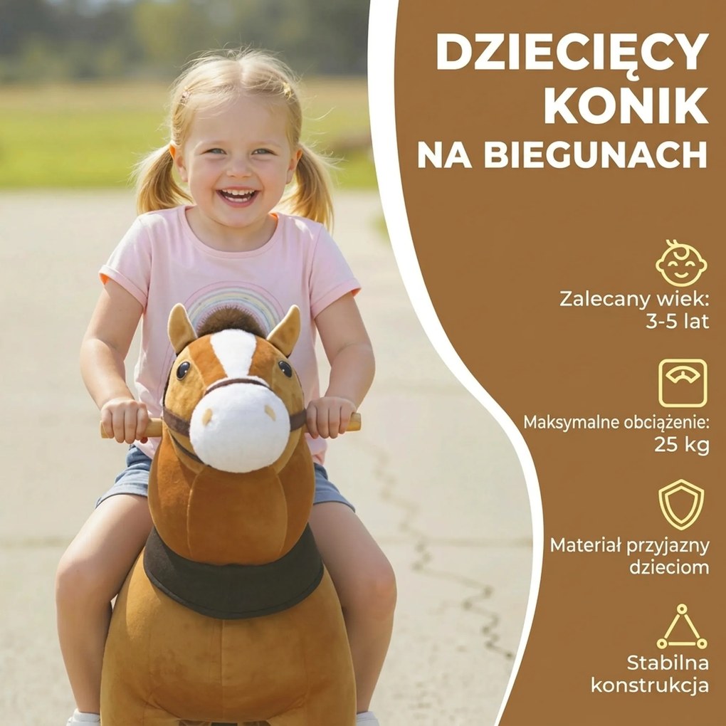 AIYAPLAY Konik do jazdy dla dzieci, materiałowe pokrycie, stabilna rama, delikatne kółka, konik na biegunach, 3-5 lat, ciemnobrązowy