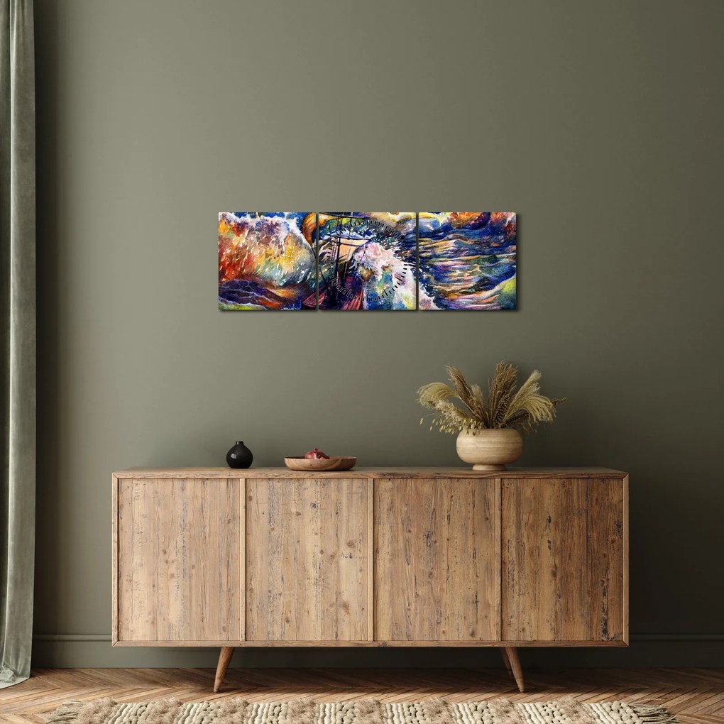 Obraz - Statek na falach oceanu, akwarela (z zegarem) (90x30 cm)