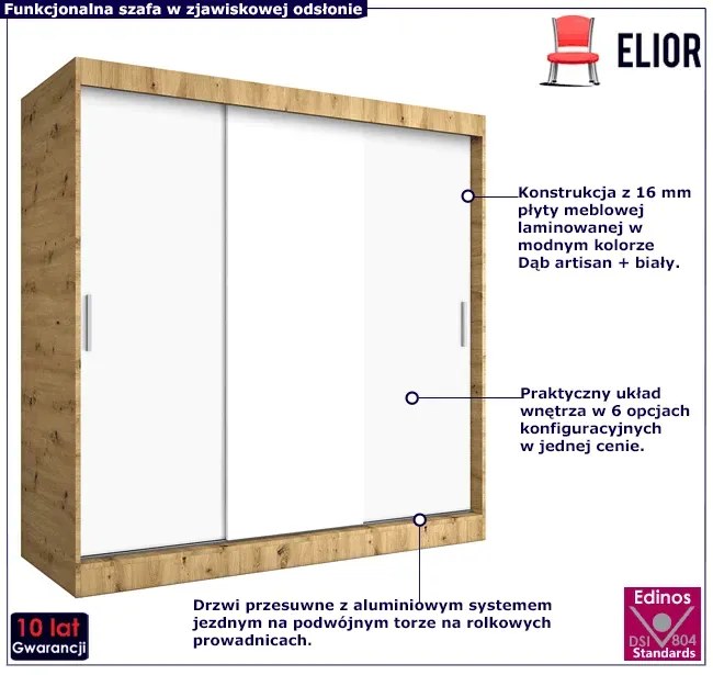Szafa przesuwna 200 cm dąb artisan + biały - Erco 6X