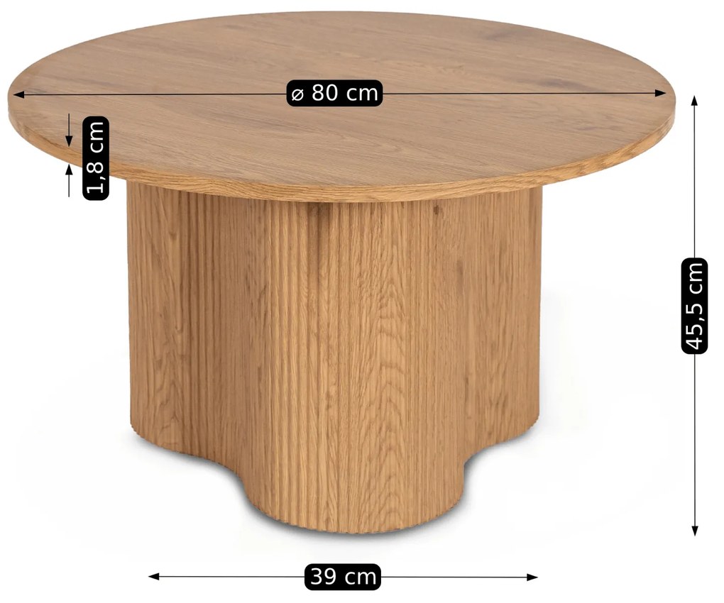 Stolik Kawowy ARION MAX 80 cm Okrągły Dąb z Ryflowaniem Nowoczesny Loft