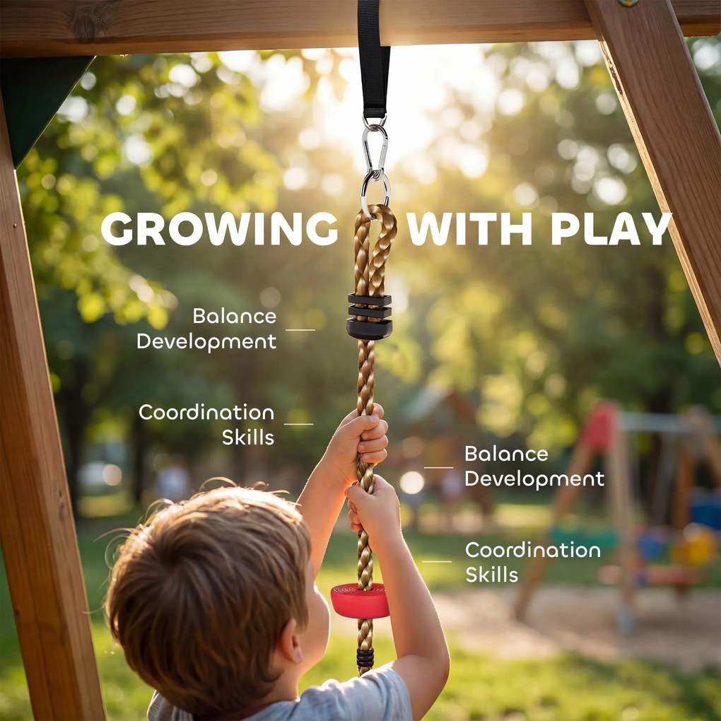 AIYAPLAY Ninja Line Zestaw Slackline dla Dzieci z Huśtawką, Platformami, Zestaw do Zabawy na Zewnątrz dla Dzieci w Wieku 3-8 lat, Czerwony | Aosom PL