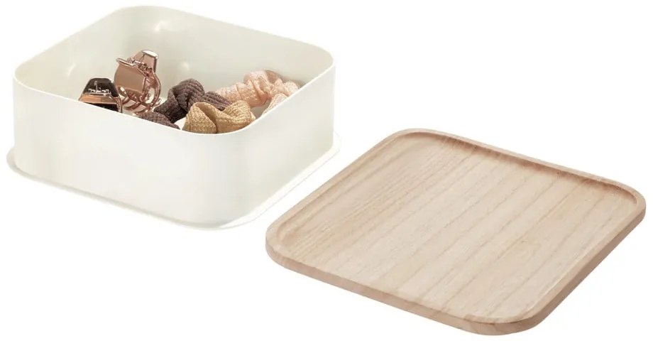 Biały pojemnik z pokrywką z drewna paulownia iDesign Eco, 21,3x21,3 cm