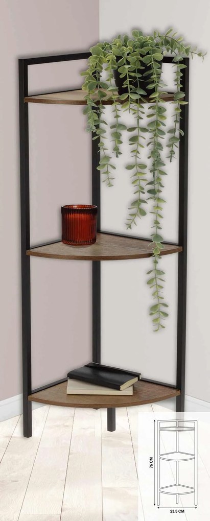 Regał narożny metalowy, 3 półki z MDF, 23,5 x 23,5 x 76 cm