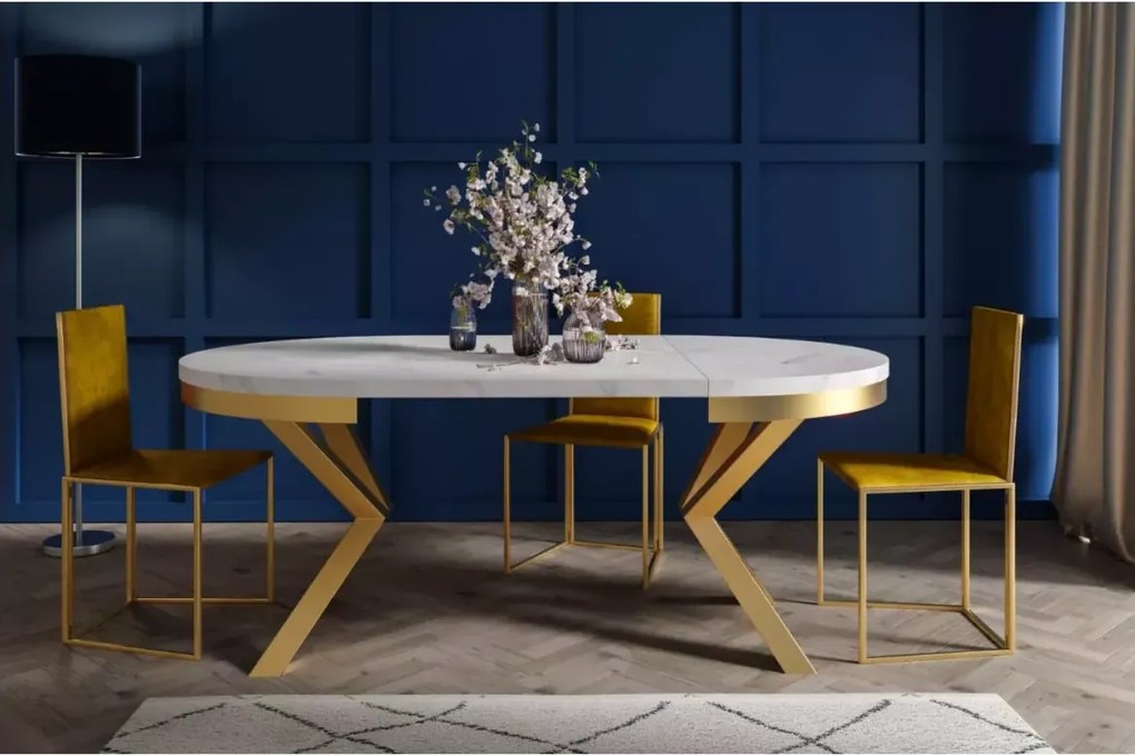Stół okrągły rozkładany Bistro Złoty 120–196 cm – luksusowy stół glamour ze złotymi nogami
