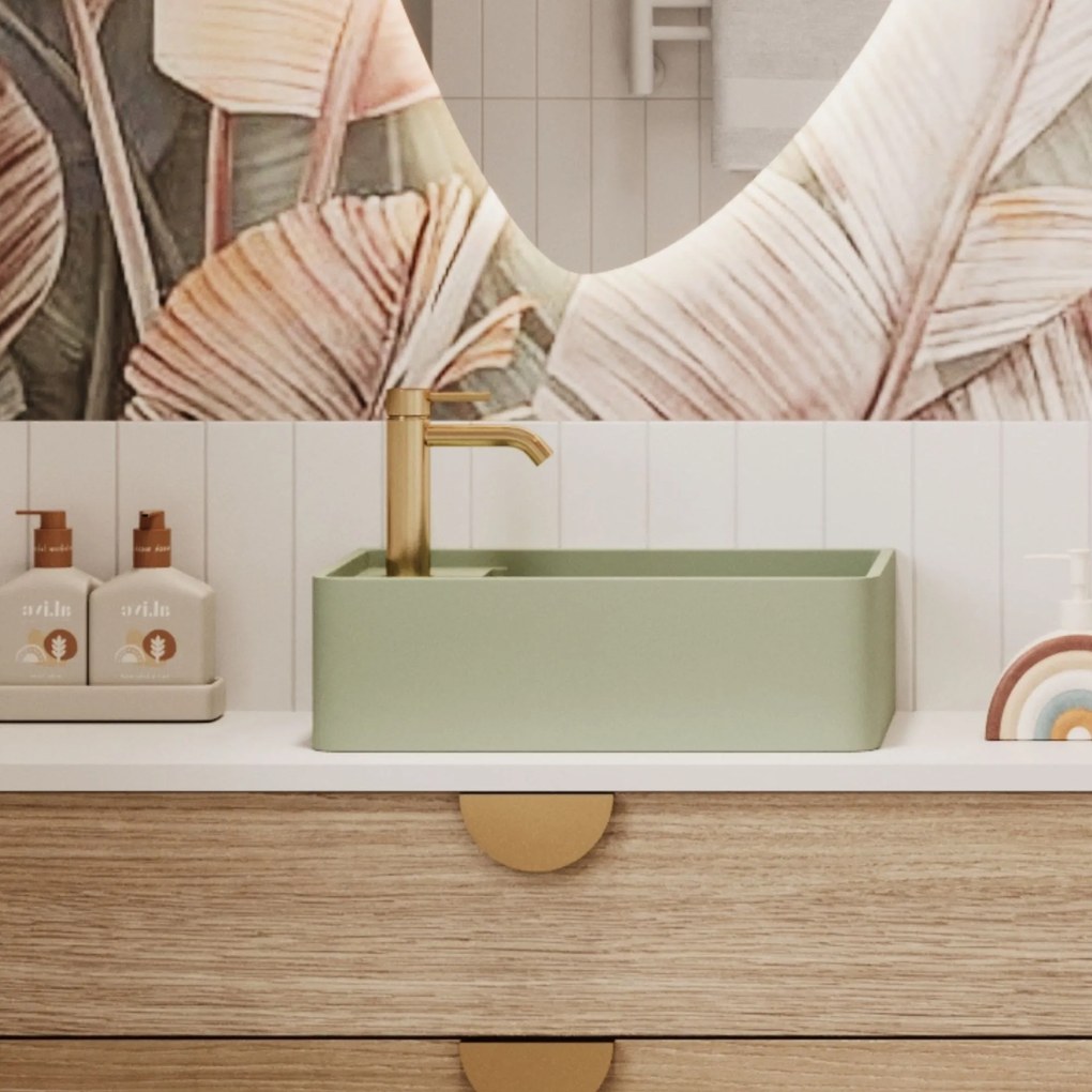 Umywalka z kamienia syntetycznego nablatowa / wisząca prostokątna zielona 43 cm x 25 cm EVELIA Green : Otwory na baterię - Tak, Typ montażu - nablatowa