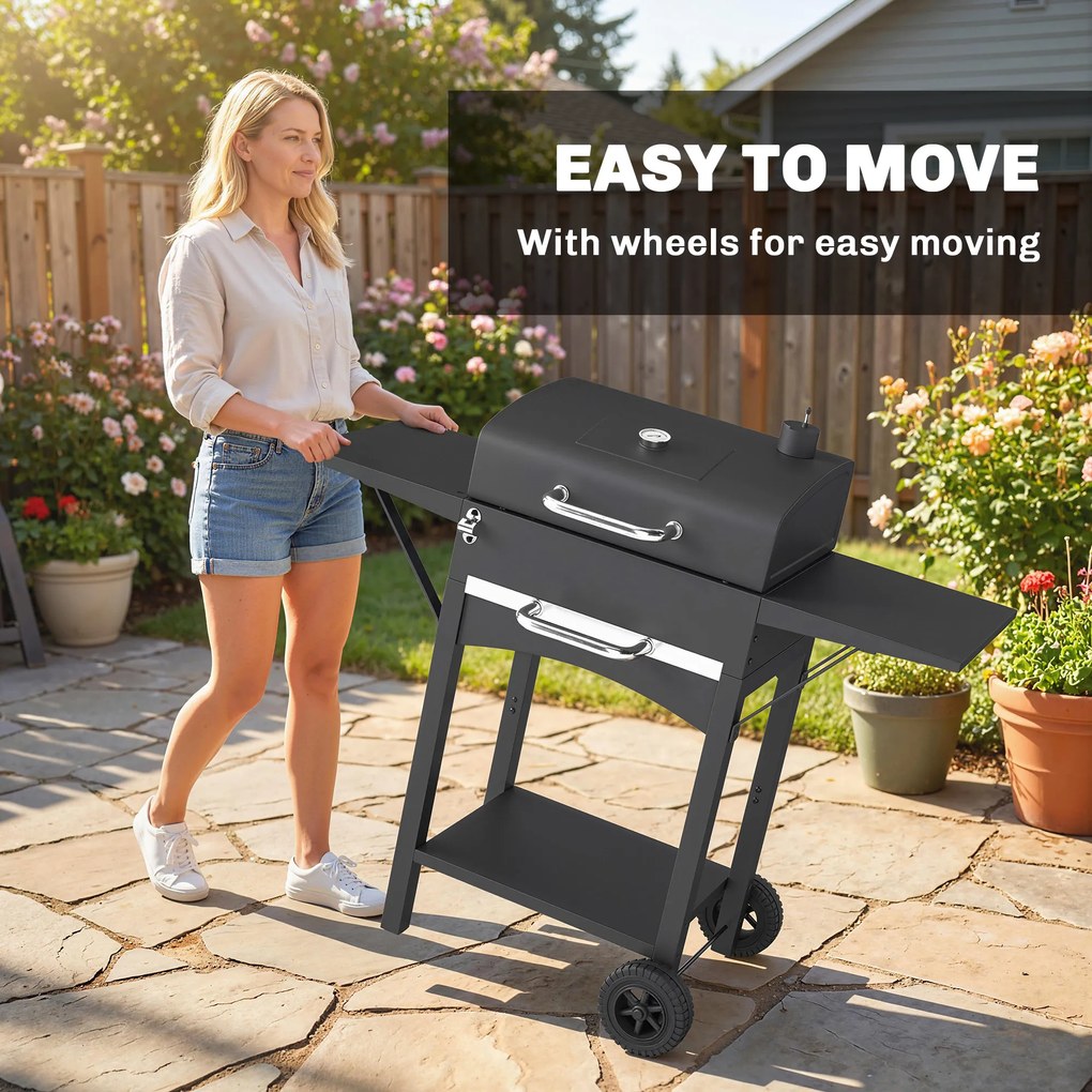 Outsunny Grill węglowy z pokrywą, BBQ Smoker z 2 bocznymi stolikami, dużą powierzchnią grillową, rusztem, termometrem i kółkami | Aosom PL